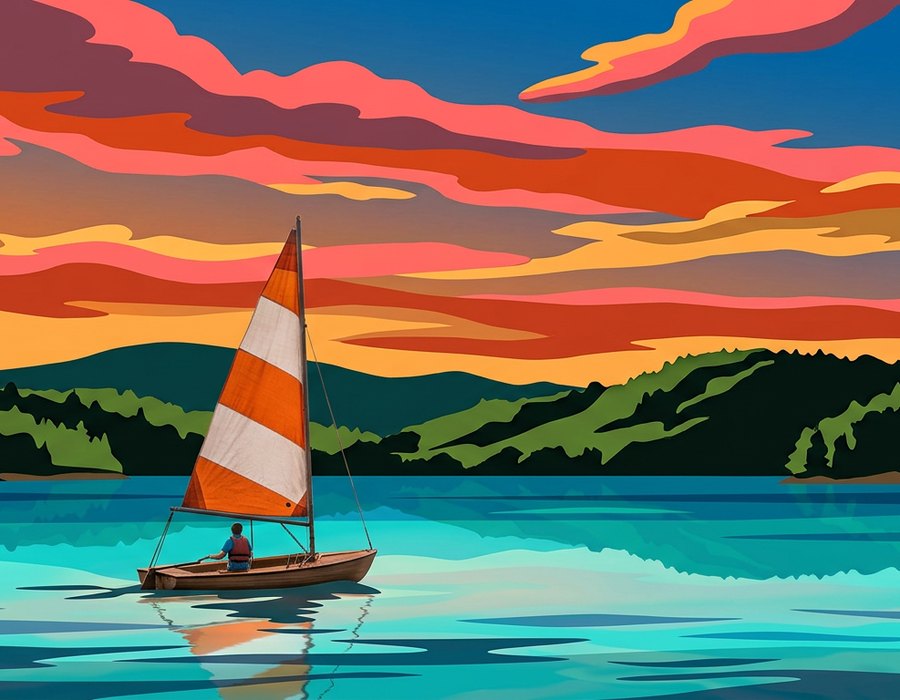 Sailboat on a turquoise lake at sunset, a high contrast scene that converts cleanly