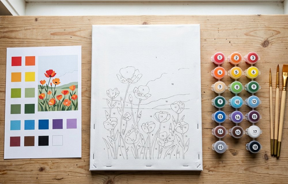 Flat lay of canvas, acrylic paint pots and brushes ready for a paint by numbers project