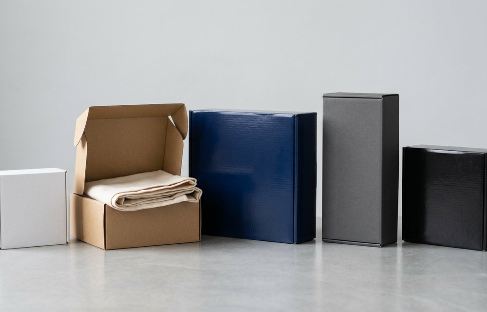 Blank retail boxes in several sizes and finishes, ready for private label branding