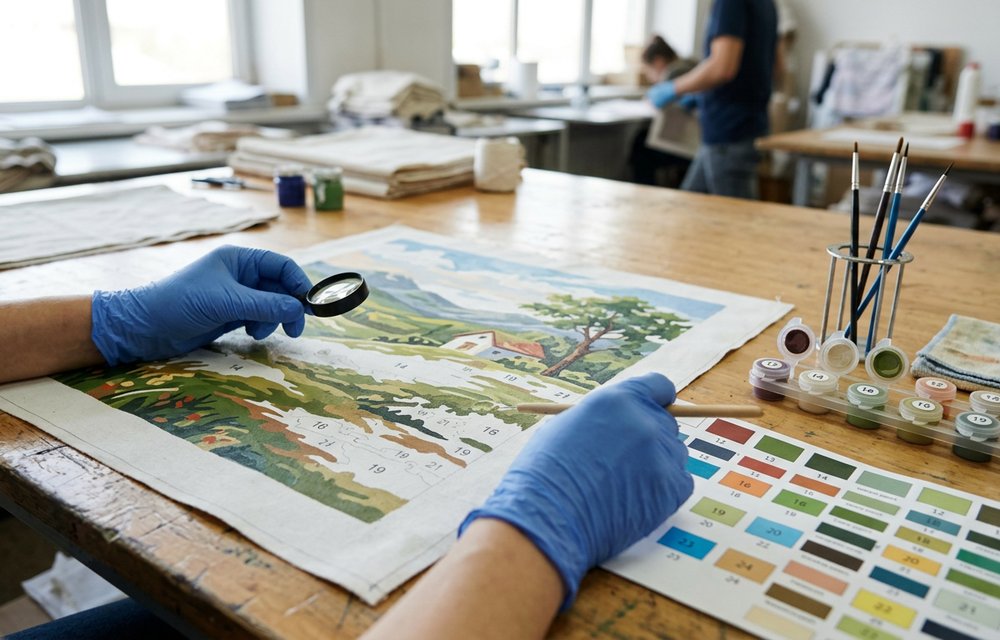 Quality control inspection of a printed numbered canvas against a colour reference chart