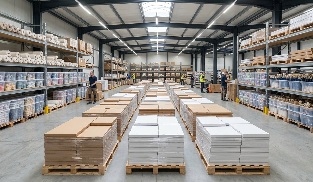 Warehouse with pallets of boxed paint by numbers kits and racks of rolled canvases ready for wholesale despatch
